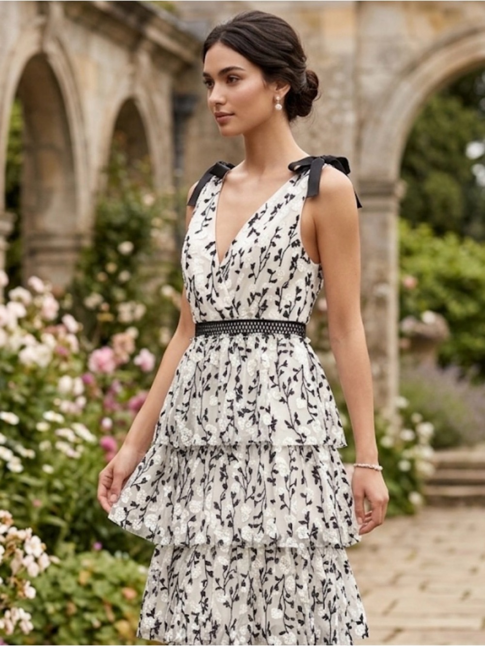 Bardot Cream and Black Floral Tiered Midi Dress with Bow Straps
